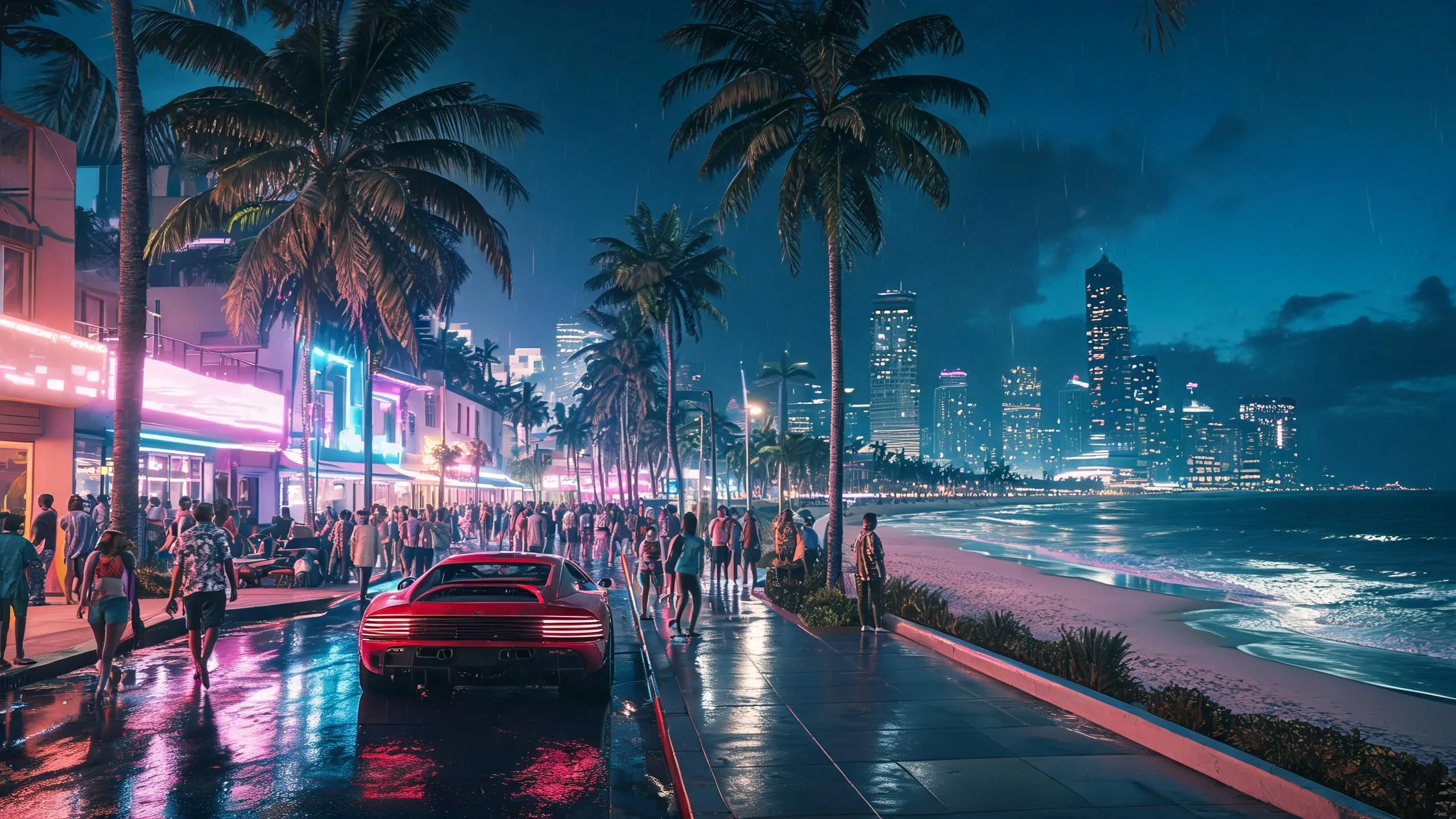 迈阿密风格城市夜景,霓虹灯光映在湿漉漉的街道上,密集人群走过,路边有棕榈树和跑车,远处是海滩与摩天楼,游戏预告片风格